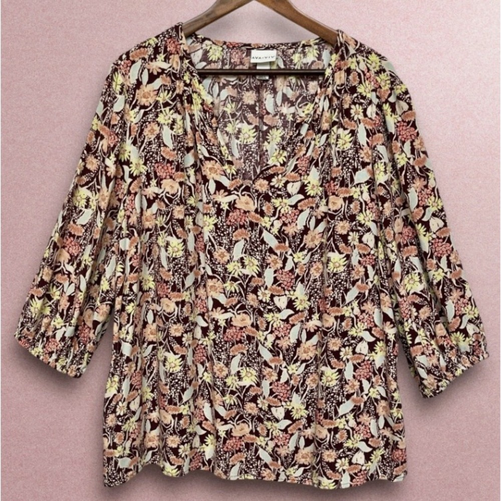 Ava & Viv Womens 1X Floral V-Neck Blouse Burgundy Peach 3/4 Sleeve Rayon Top